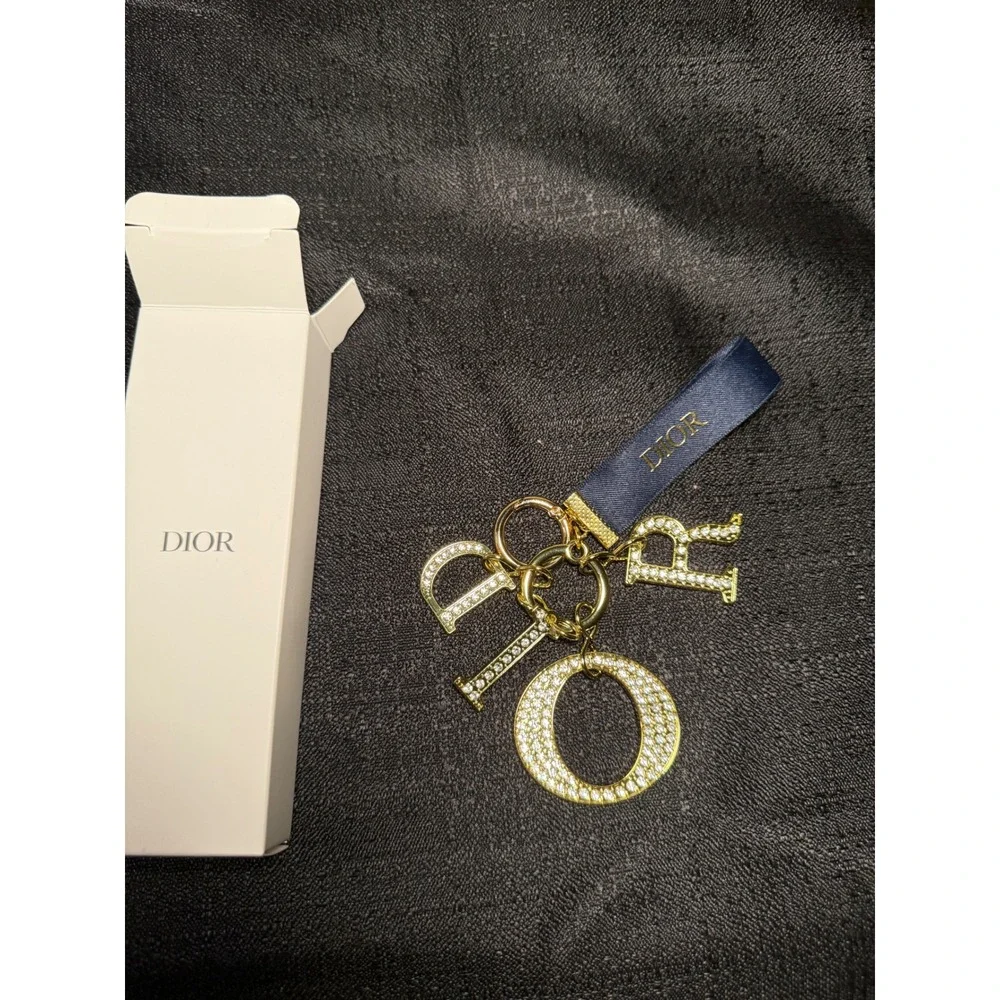 Dior Gold Tone Crystal Letter Charm Keychain Navy Blue Ribbon with Box